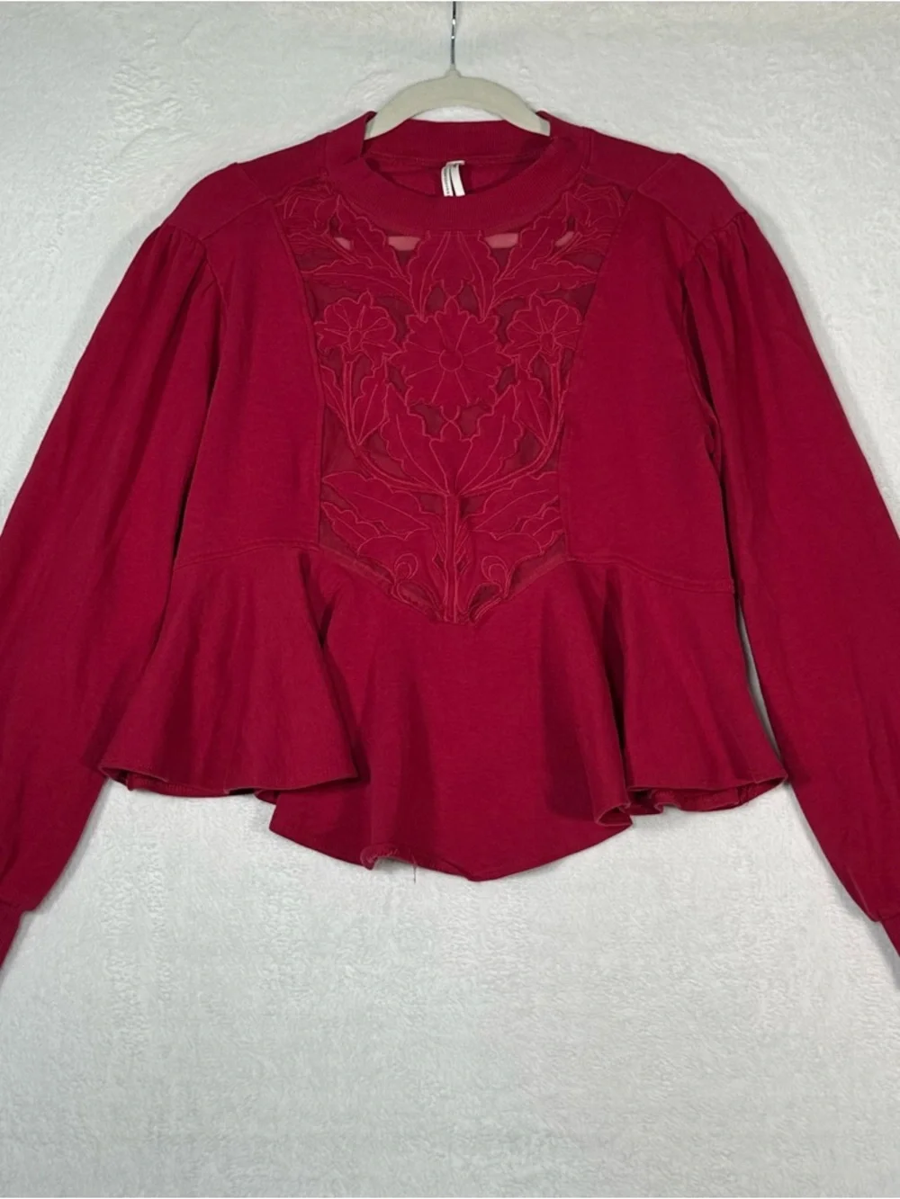 Anthropologie Cutwork Swing Top Pink Embroidered Floral Sweatshirt Sz S Boho‎